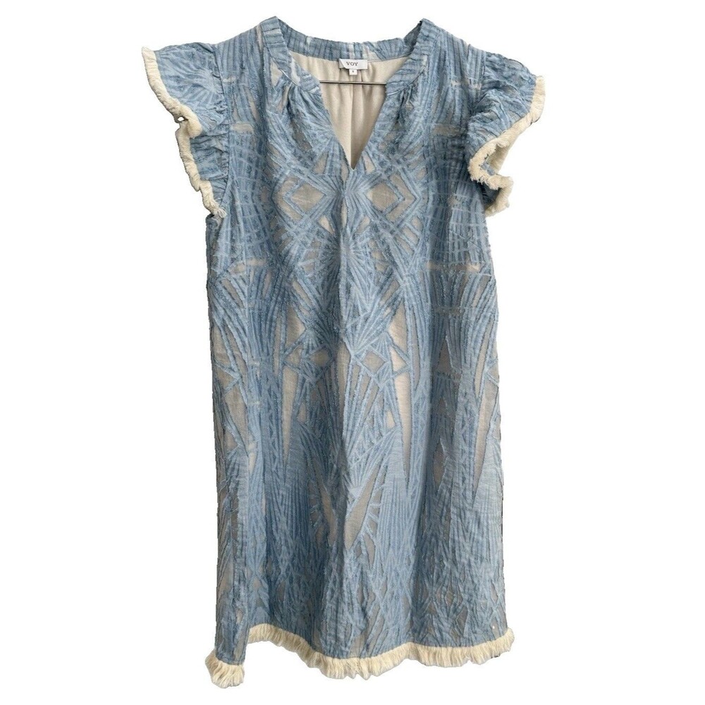 Voy Textured Dress Small Burnout Short Sleeve Shift Blue Fringe Trim Ruffle Boho